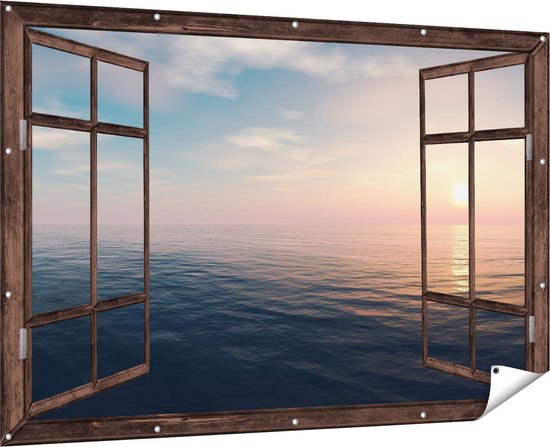 Gards Tuinposter Doorkijk Zee Water tijdens Zonsondergang - 180x120 cm - Tuindoek - Tuindecoratie - Wanddecoratie buiten - Tuinschilderij