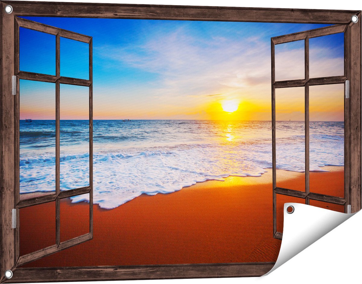 Gards Tuinposter Doorkijk Strand en Zee tijdens Zonsondergang - 90x60 cm - Tuindoek - Tuindecoratie - Wanddecoratie buiten - Tuinschilderij Donker bruin