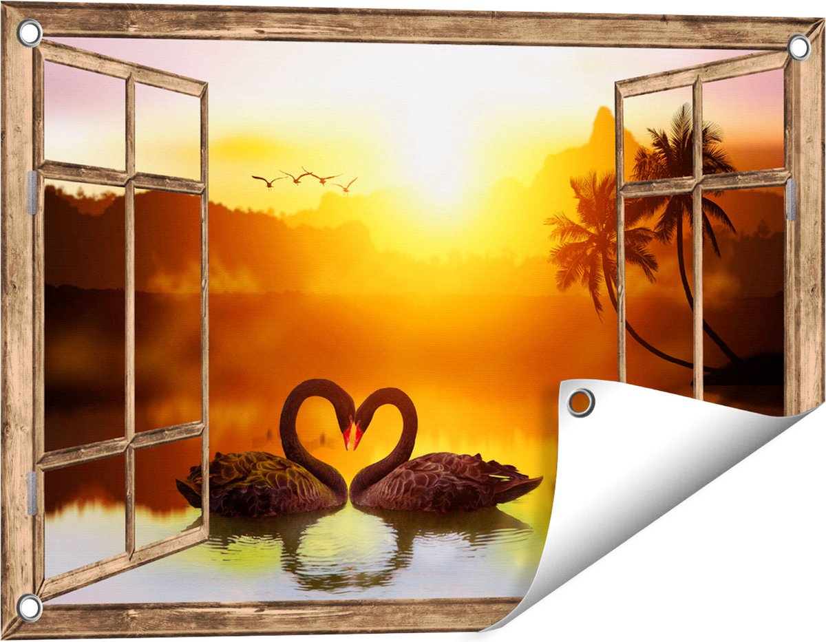 Gards Tuinposter Doorkijk Twee Zwarte Zwanen in een Hart Vorm - 60x40 cm - Tuindoek - Tuindecoratie - Wanddecoratie buiten - Tuinschilderij Licht bruin