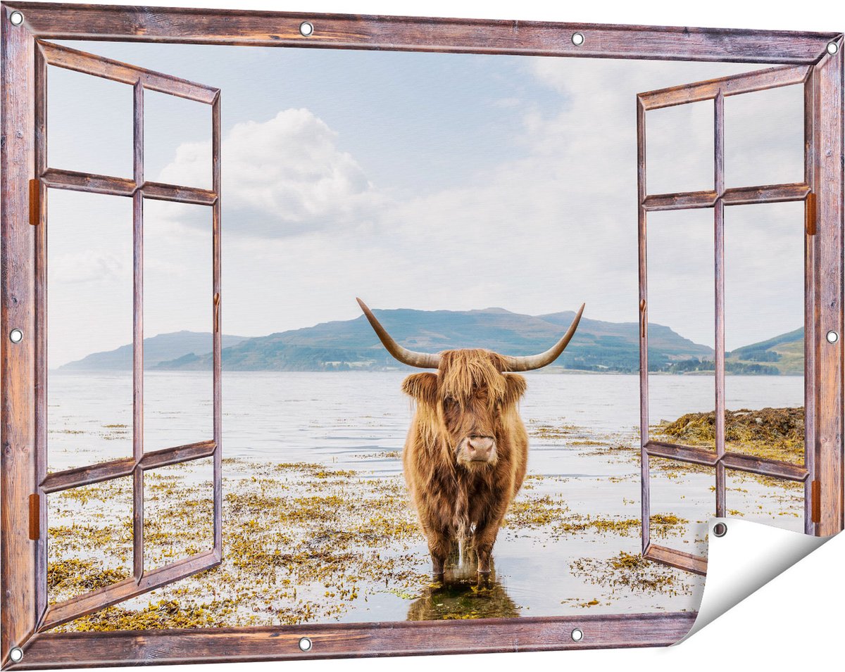 Gards Tuinposter Doorkijk Voetpad naar Strand en Zee - 120x80 cm - Tuindoek - Tuindecoratie - Wanddecoratie buiten - Tuinschilderij Bruin