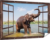 Gards Tuinposter Doorkijk Vrolijke Olifant in het Water - 180x120 cm - Tuindoek - Tuindecoratie - Wanddecoratie buiten - Tuinschilderij