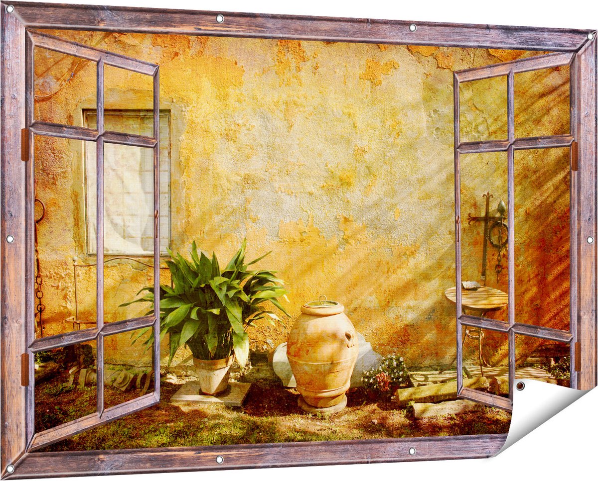 Gards Tuinposter Doorkijk Oude Stenen Muur - 150x100 cm - Tuindoek - Tuindecoratie - Wanddecoratie buiten - Tuinschilderij bruin