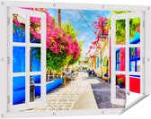 Gards Tuinposter Doorkijk Kleurrijke Straat op het Eiland Kos, Griekenland - 120x80 cm - Tuindoek - Tuindecoratie - Wanddecoratie buiten - Tuinschilderij