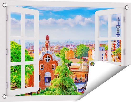 Gards Tuinposter Doorkijk Park Güell in Barcelona - Kleurrijk - 60x40 cm - Tuindoek - Tuindecoratie - Wanddecoratie buiten - Tuinschilderij