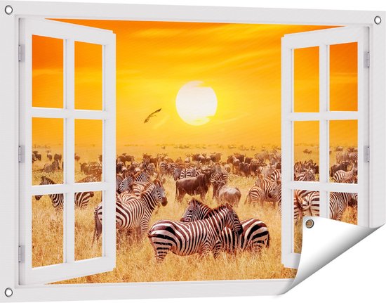 Gards Tuinposter Doorkijk Kudde Zebra's bij een Oranje Zonsondergang - 90x60 cm - Tuindoek - Tuindecoratie - Wanddecoratie buiten - Tuinschilderij