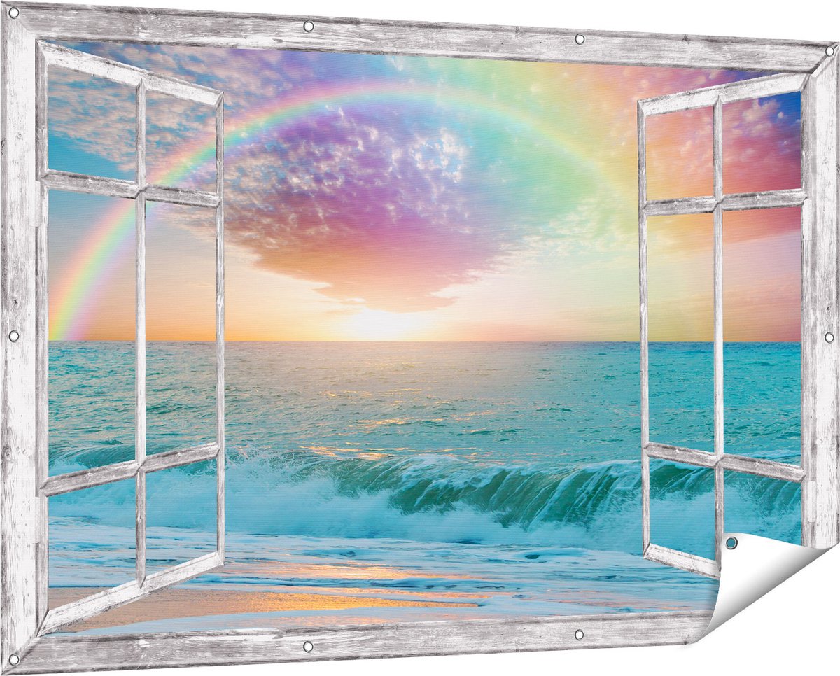 Gards Tuinposter Doorkijk Regenboog in het Water bij het Strand - 150x100 cm - Tuindoek - Tuindecoratie - Wanddecoratie buiten - Tuinschilderij Grijs