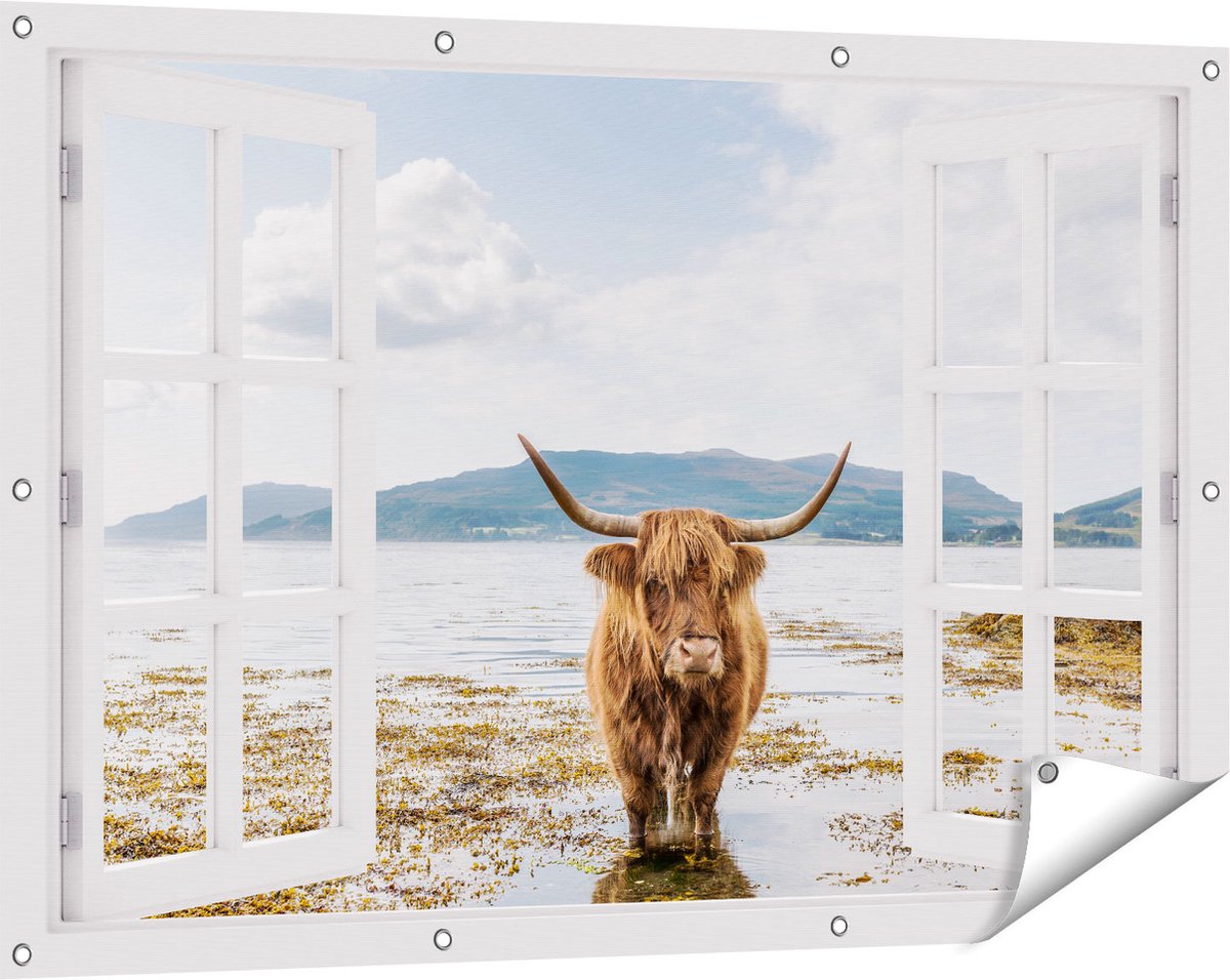 Gards Tuinposter Doorkijk Voetpad naar Strand en Zee - 120x80 cm - Tuindoek - Tuindecoratie - Wanddecoratie buiten - Tuinschilderij Wit