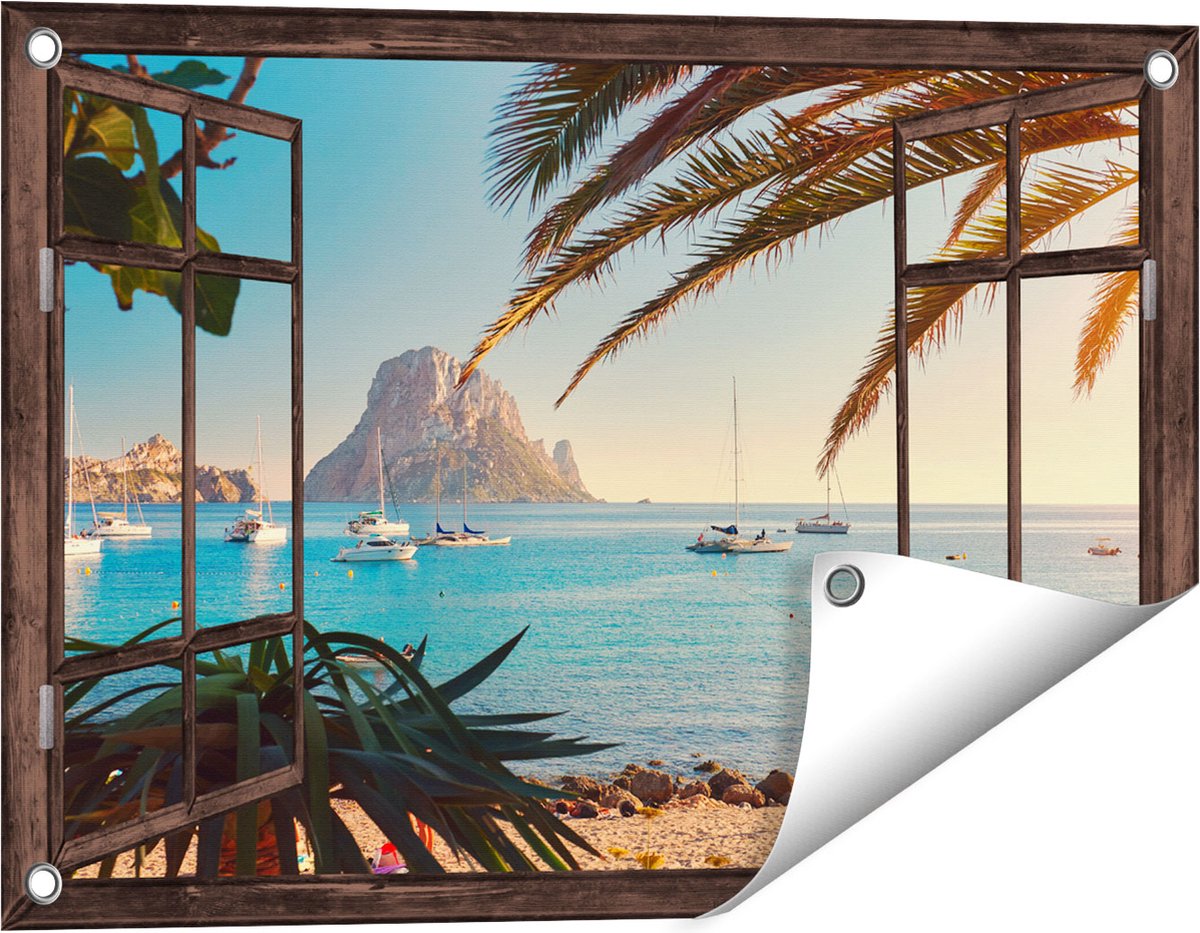 Gards Tuinposter Doorkijk Ibiza Cala d'Hort Strand - 60x40 cm - Tuindoek - Tuindecoratie - Wanddecoratie buiten - Tuinschilderij donker bruin