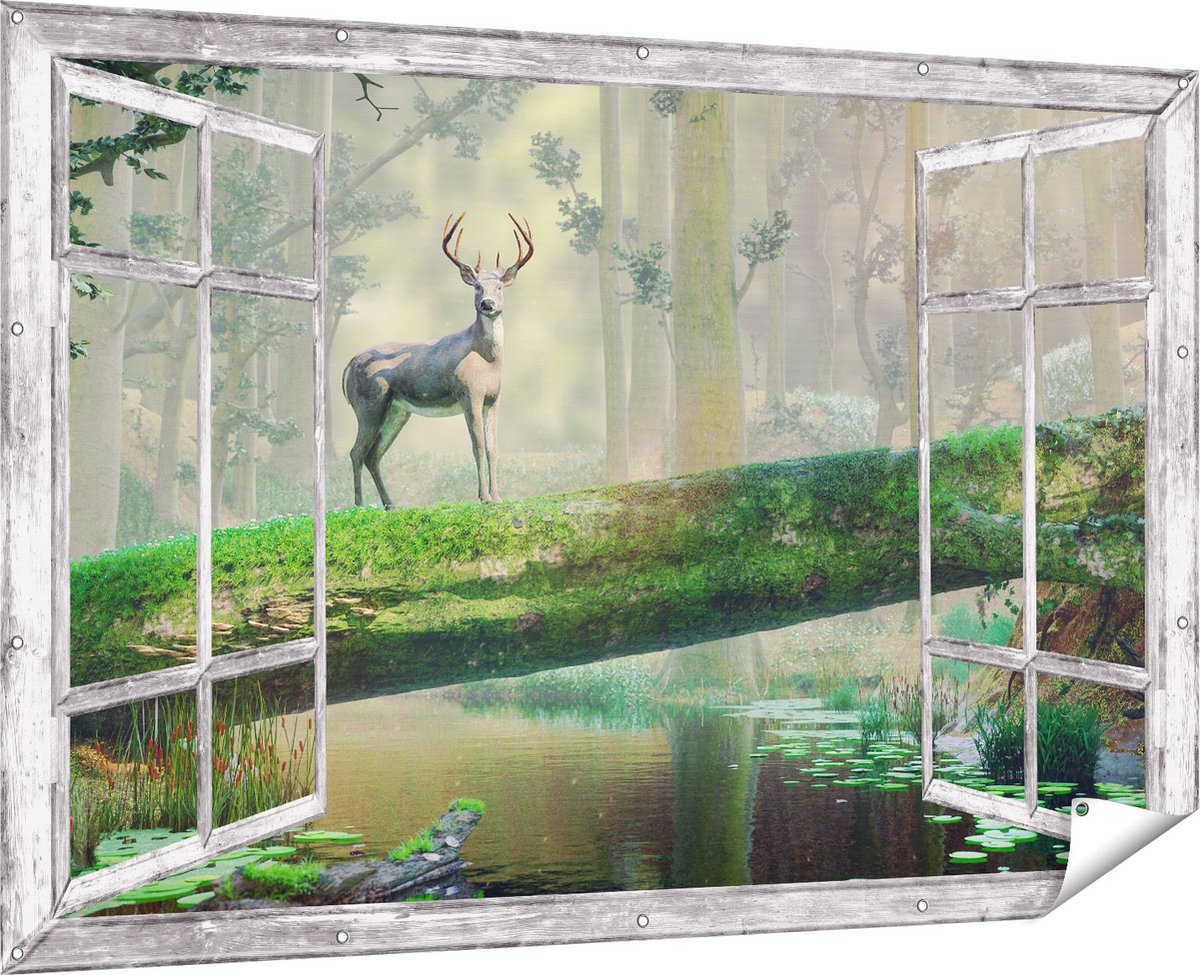 Gards Tuinposter Doorkijk Hert in het Bos op een Boom - 180x120 cm - Tuindoek - Tuindecoratie - Wanddecoratie buiten - Tuinschilderij Multikleur