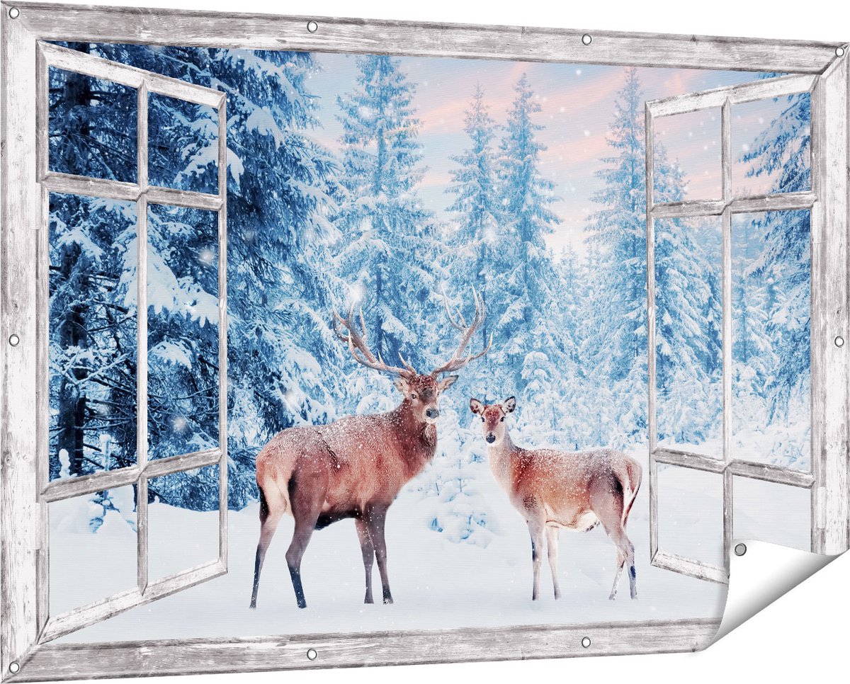 Gards Tuinposter Doorkijk Twee Herten in het Bos met Sneeuw - 150x100 cm - Tuindoek - Tuindecoratie - Wanddecoratie buiten - Tuinschilderij Grijs
