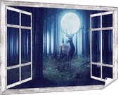 Gards Tuinposter Doorkijk Hert in het Bos tijdens Volle Maan - 180x120 cm - Tuindoek - Tuindecoratie - Wanddecoratie buiten - Tuinschilderij