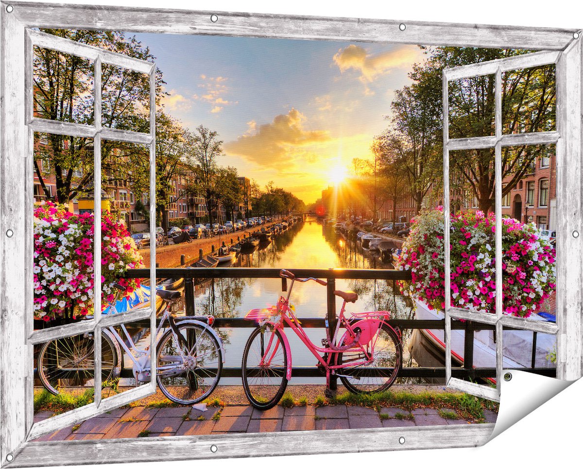 Gards Tuinposter Doorkijk Amsterdamse Brug met Zonsopgang - 150x100 cm - Tuindoek - Tuindecoratie - Wanddecoratie buiten - Tuinschilderij grijs
