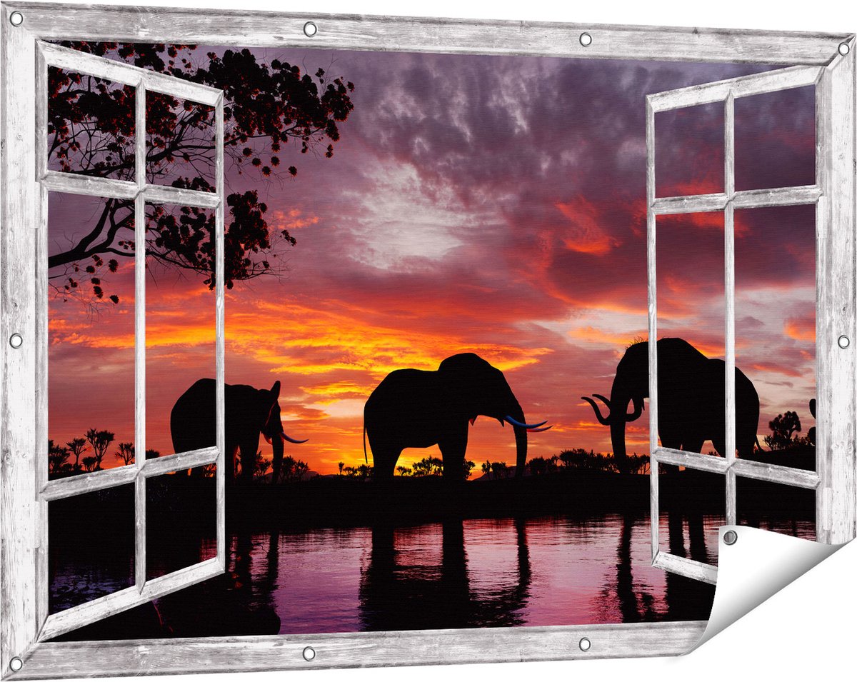 Gards Tuinposter Doorkijk Olifanten tijdens Zonsondergang - Silhouet - 120x80 cm - Tuindoek - Tuindecoratie - Wanddecoratie buiten - Tuinschilderij Grijs