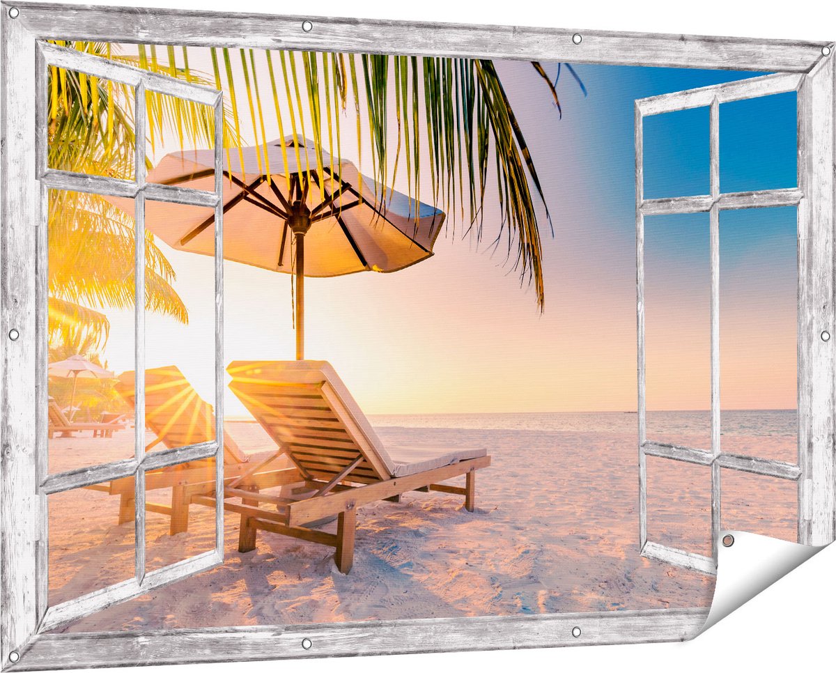 Gards Tuinposter Doorkijk Tropisch Strand tijdens Zonsondergang - 150x100 cm - Tuindoek - Tuindecoratie - Wanddecoratie buiten - Tuinschilderij Grijs