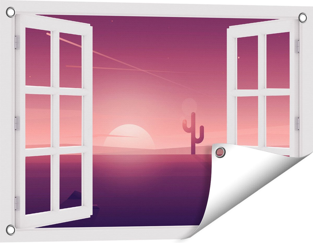 Gards Tuinposter Doorkijk Zonsondergang in de Woestijn met een Cactus - 60x40 cm - Tuindoek - Tuindecoratie - Wanddecoratie buiten - Tuinschilderij Wit
