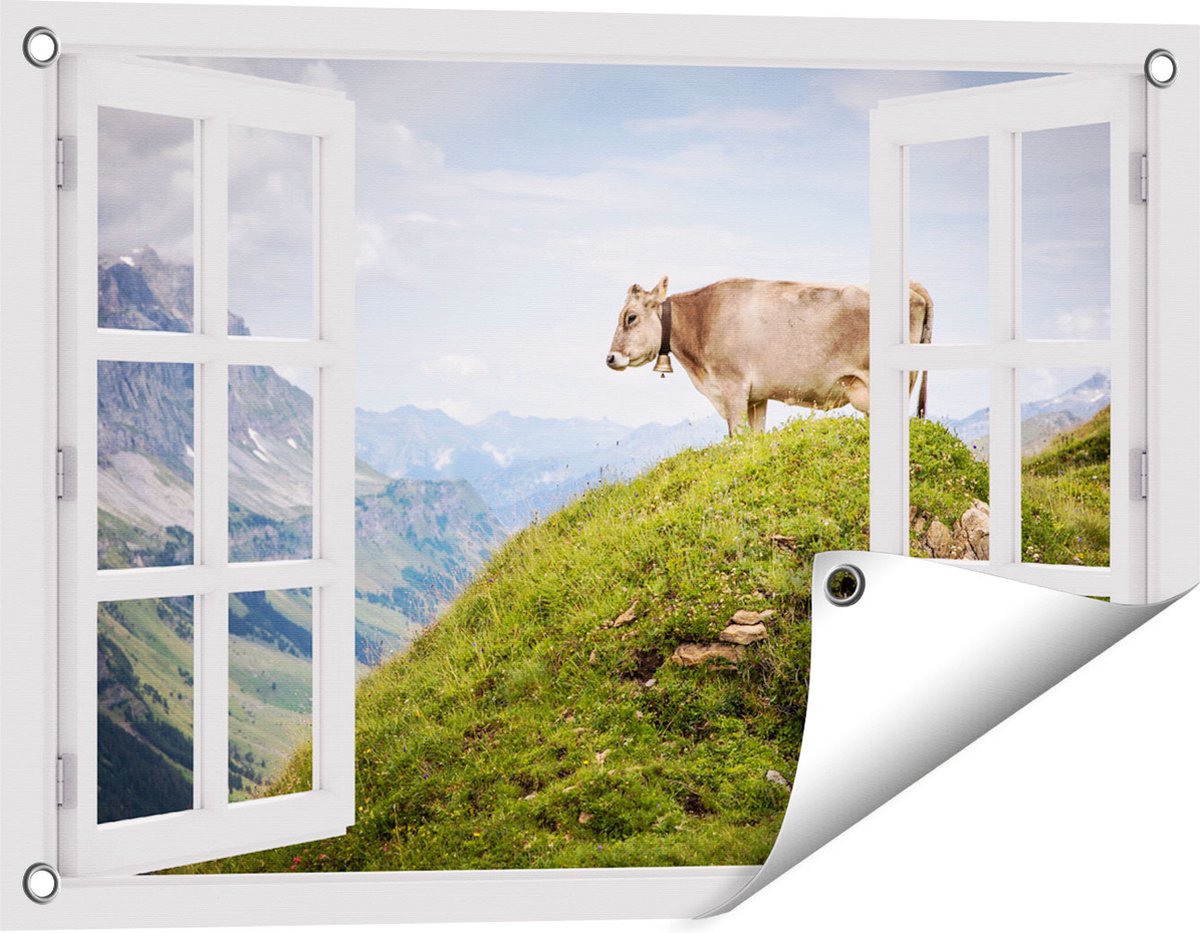 Gards Tuinposter Doorkijk Koe in de Bergen - 60x40 cm - Tuindoek - Tuindecoratie - Wanddecoratie buiten - Tuinschilderij wit