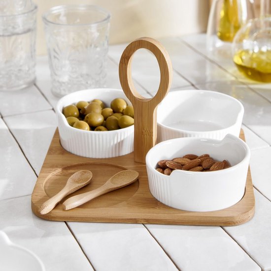 Plateau De Service Moderne HOMLA - 6 Pièces En Porcelaine Et Bambou, Plateau Rond 30 Cm Noir, Idéal Pour Apéritifs Et Snacks
