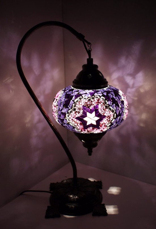 Mozaïek Lamp - Oosterse Lamp - Turkse Lamp - Tafellamp - Marokkaanse Lamp - Boogmodel - Ø 15 cm - Hoogte 42 cm - Handgemaakt - Authentiek - Purper