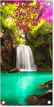 Tuinposter waterval - Bomen - Bladeren - Roze - Natuur - Tuinschilderij voor buiten - Tuindecoratie - Schutting decoratie - 30x60 cm - Tuin - Tuindoek - Schuttingdoek - Tuinposters