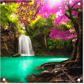 Tuinposter waterval - Bomen - Bladeren - Roze - Natuur - Tuinschilderij voor buiten - Tuindecoratie - Schutting decoratie - 50x50 cm - Tuin - Tuindoek - Schuttingdoek - Tuinposters