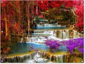 Tuinposter - Waterval - Water - Natuur - Rood - Paars - 120x90 cm - Tuinschilderij - Tuindoeken voor buiten - Tuinposter waterval