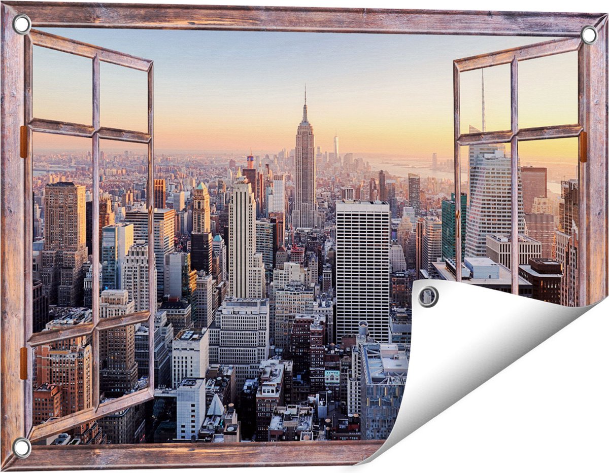 Gards Tuinposter Doorkijk New York Skyline met Wolkenkrabbers - 60x40 cm - Tuindoek - Tuindecoratie - Wanddecoratie buiten - Tuinschilderij Bruin
