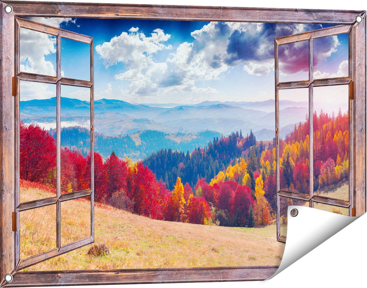 Gards Tuinposter Doorkijk Kleurrijke Herfstbos met Heuvellandschap - 90x60 cm - Tuindoek - Tuindecoratie - Wanddecoratie buiten - Tuinschilderij Bruin