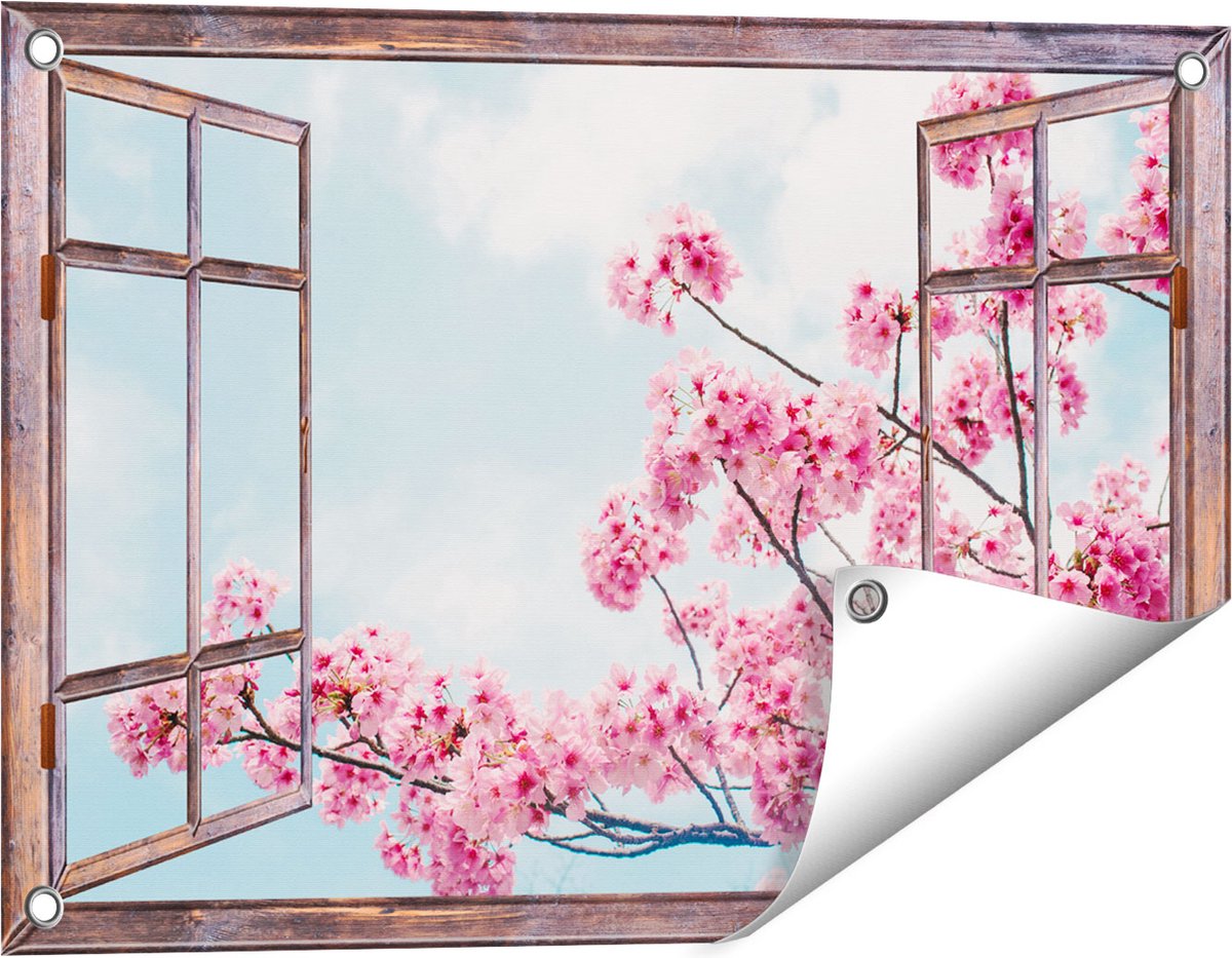 Gards Tuinposter Doorkijk Roze Bloesemboom - Bloemen - 60x40 cm - Tuindoek - Tuindecoratie - Wanddecoratie buiten - Tuinschilderij