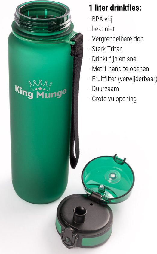 Groene King Mungo 1 liter drinkfles met losse deksel en fruitfilter.