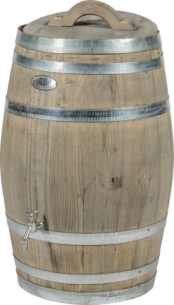Regenton nieuw "Grey" 100 l. incl. kraan, los deksel, handvat en gat aan de achterzijde voor de vulautomaat / Houten Regenton / Grijs
