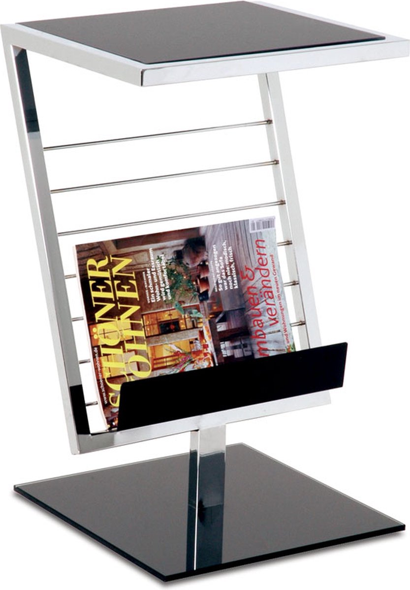 HakuShop Bijzettafel | Zwart Veiligheidsglas | Met lectuurbak | Verchroom staal | 36x30x60