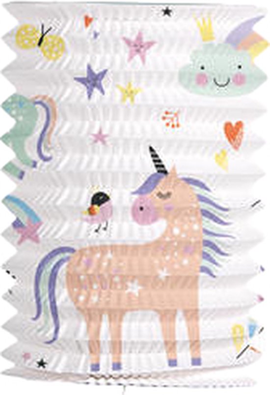 Papieren lantaarn unicorn - Wit / Multicolor - Papier / Metaal - ⌀ 16 cm - Eenhoorn - Lantaarntje - Lampion - Lampje - Lampionenoptocht