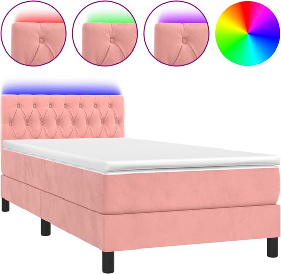vidaXL - Boxspring - met - matras - en - LED - fluweel - roze - 100x200 - cm