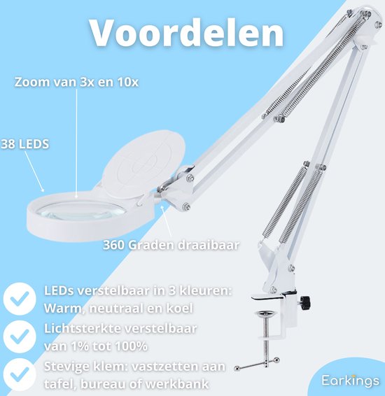 Witte loeplamp met 3x en 10x vergroting, 38 LED's, 3 lichtkleuren en 100% instelbare helderheid, bevestigd aan een bureau.