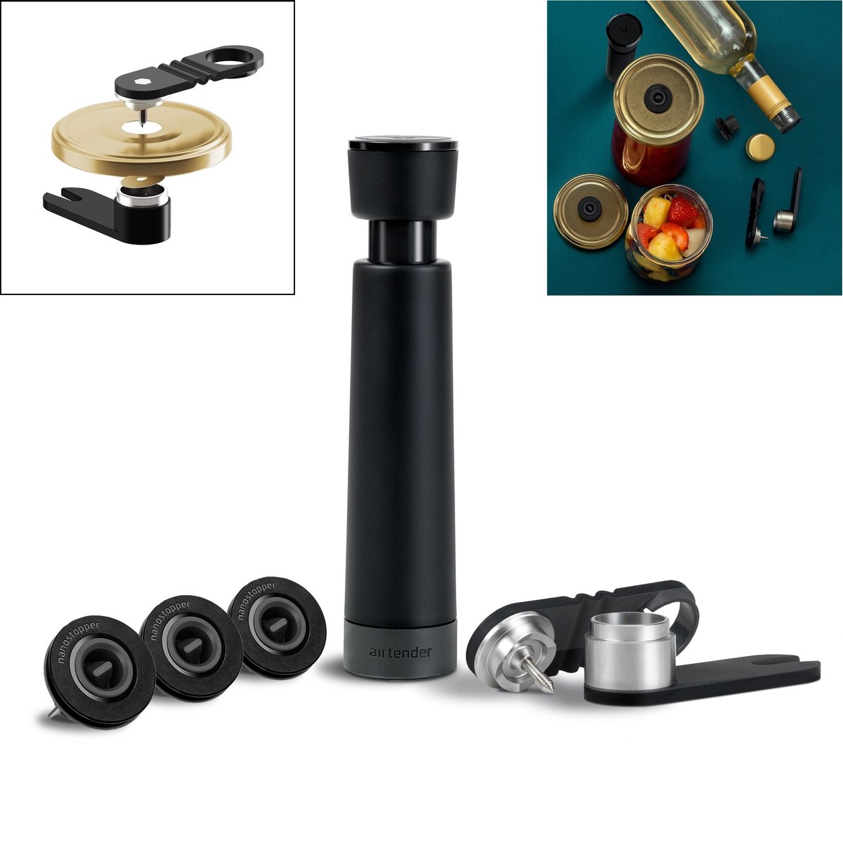 Airtender - Food & Wine Set Vacuümpomp met 3 Nanostoppers en Dekselperforator - Kunststof - Zwart