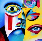 JJ-Art (Glas) 100x100 | Man vrouw ogen abstract in Picasso Kandinsky stijl, kunst, woonkamer slaapkamer | rood, blauw, groen, geel, modern, vierkant | Foto-schilderij-glasschilderij-acrylglas-acrylaat-wanddecoratie