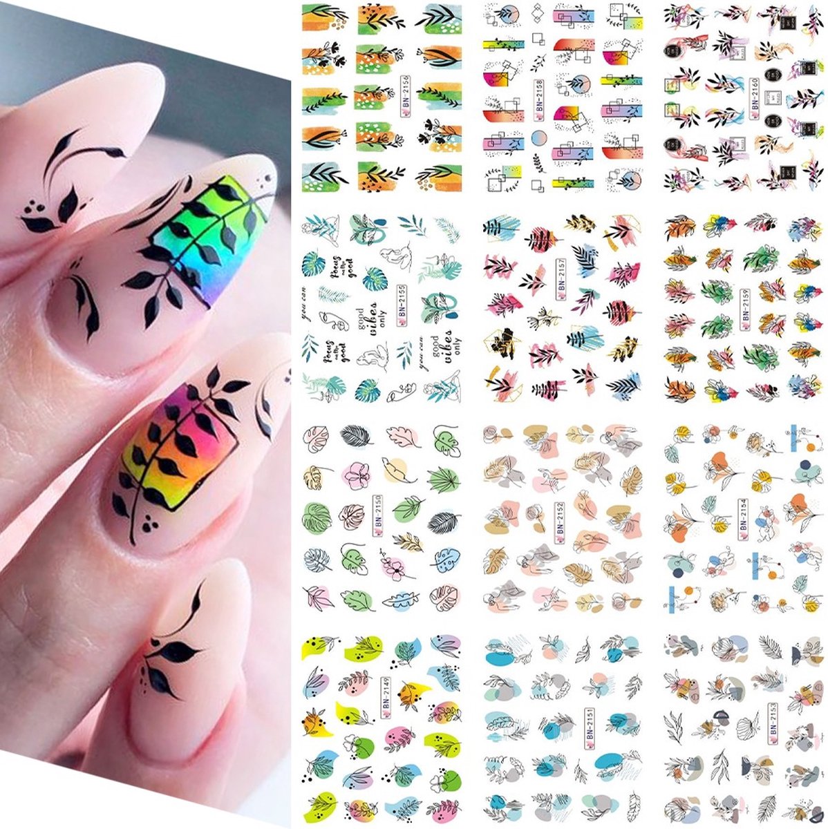 Goedkoopste 12 Stuks Nagelstickers – Pastel Botanisch – Nail Art Stickers