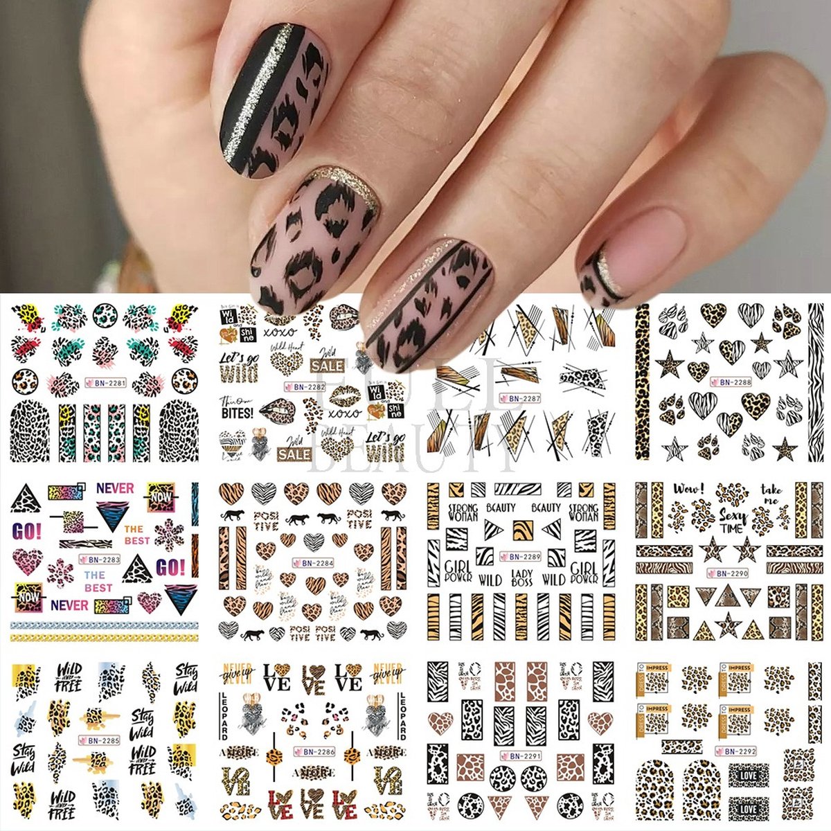 Goedkoopste 12 Stuks Nagelstickers – Animal Print – Dierenprint, Zebra, Luipaard – Nail Art Stickers – Set van 12 nagelstickers – Animal print designs – Dierenprint, zebra, luipaard – nail art – Gemakkelijk aan te brengen
