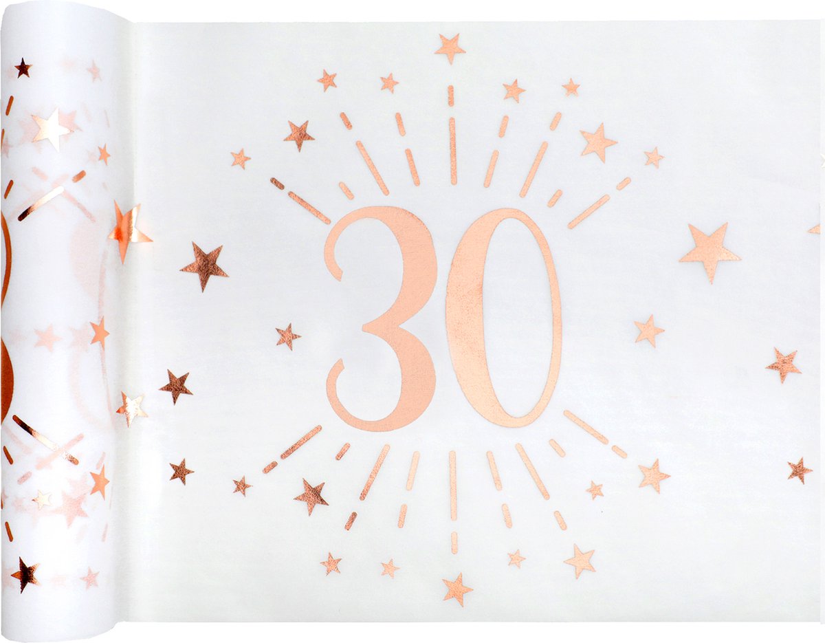 Santex Tafelloper op rol - 2x - 30 jaar verjaardag - polyester - wit/rose goud - 30 x 500 cm