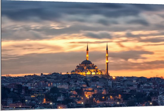 WallClassics - Dibond - Süleymaniye-Moskee op Begin van de Avond in Istanbul, Turkije - 120x80 cm Foto op Aluminium (Met Ophangsysteem)