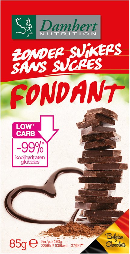 Achterkant verpakking Damhert fondant zonder suikers.