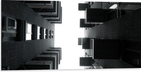 Dibond - Onderaanzicht van Gebouwen in het Zwart Wit - 100x50 cm Foto op Aluminium (Wanddecoratie van metaal)