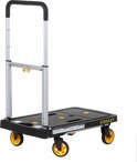 Zwarte Stanley platte handwagen met aluminium uitschuifbaar handvat en gele wielaccenten.