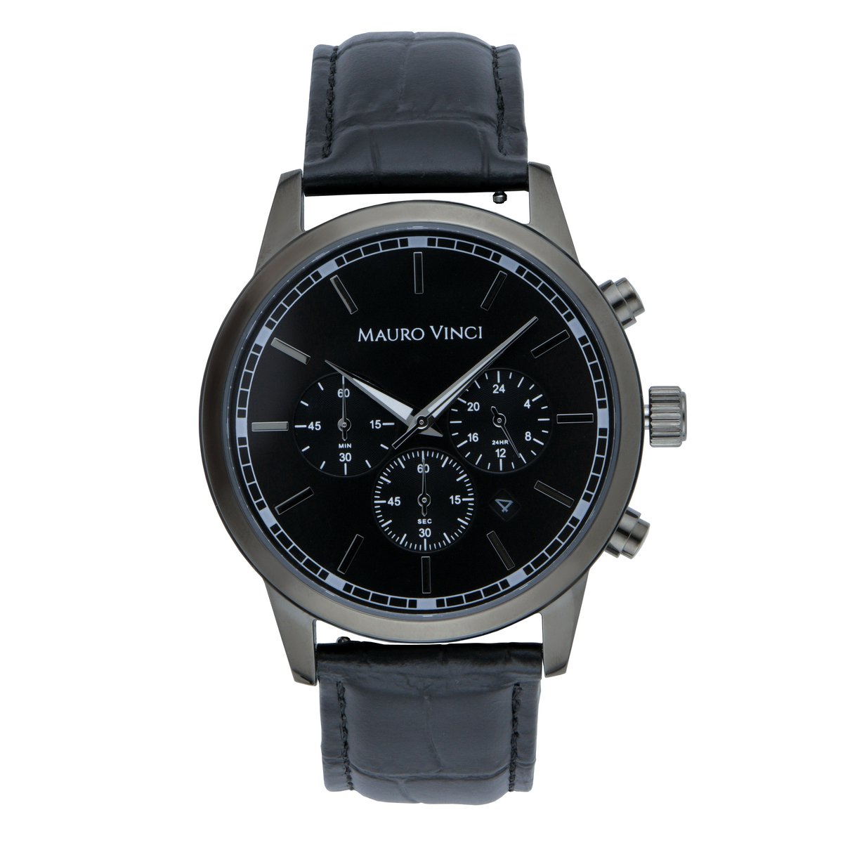 Heren horloge zwart staal - Mauro Vinci Staal Gunmetal black - black met lederen bewaardoos - Sports line 420 stalen horloge met Japans binnenwerk