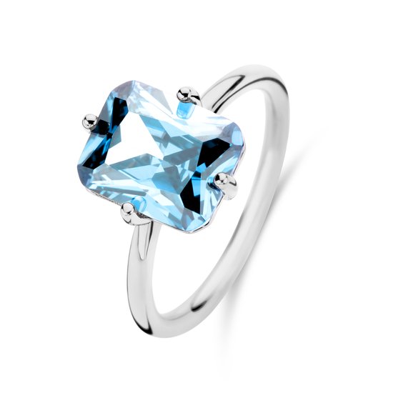 New Bling 9NB-1138-58 Zilveren Ring met Zirkonia Steen - Licht Blauw - 8x10mm - Rechthoek - Maat 58 - Rhodium - Zilver