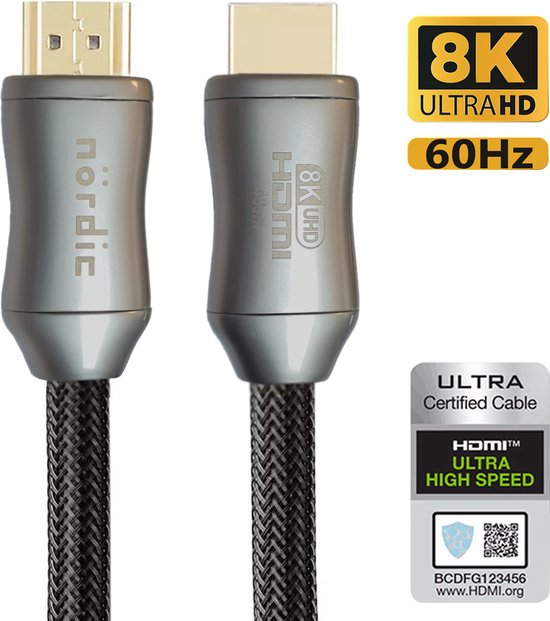 NÖRDIC HDMI-350a Gecertificeerde Ultra High Speed HDMI naar HDMI 2.1 kabel - 8K 60Hz - 48Gbps - 5m - Zwart