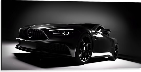 WallClassics - Dibond - Zwarte Auto in Grijs met Zwarte omgeving - 100x50 cm Foto op Aluminium (Wanddecoratie van metaal)