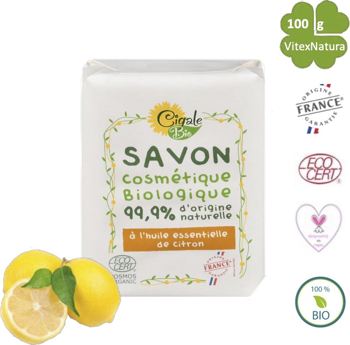 Cigale Bio 4x100g Biologische essentiële citroen, sinaasappel, lavendel, olijf olie zeep. Zonder conserveermiddel - kleur