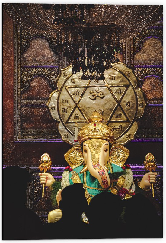 Dibond - Ganesha Beeld in Hindoeïstische Tempel - 70x105 cm Foto op Aluminium (Met Ophangsysteem)
