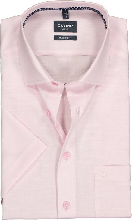 OLYMP modern fit overhemd - korte mouw - structuur - roze (contrast) - Strijkvrij - Boordmaat: 38